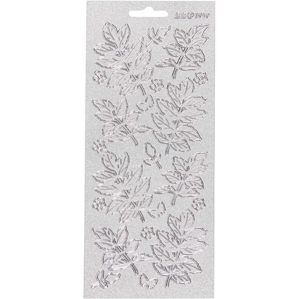 Stickers, leaves, sheet 10x23 cm, silver, 1 sheet
