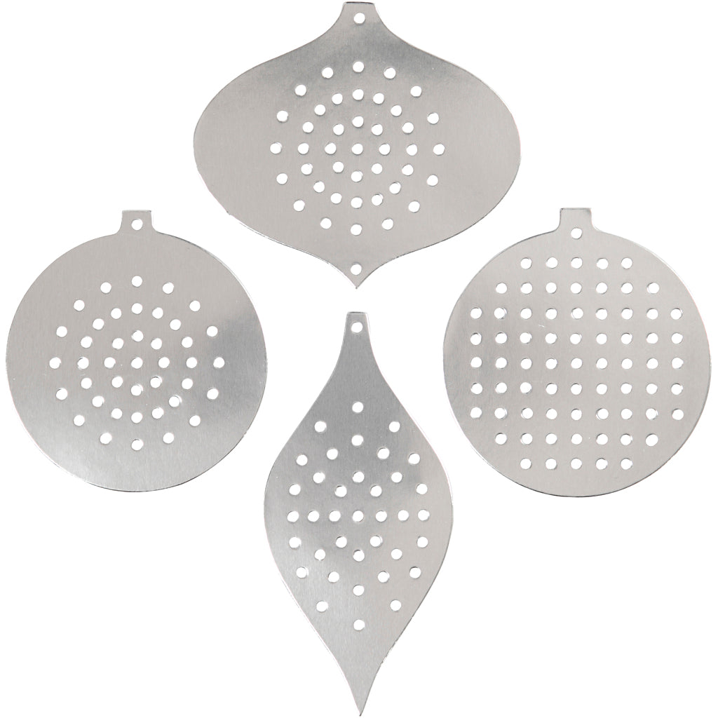 Cross Stitch Card, christmas ornament, H: 8,5-12 cm, hole size 3 mm, metallic silver, 8 pc