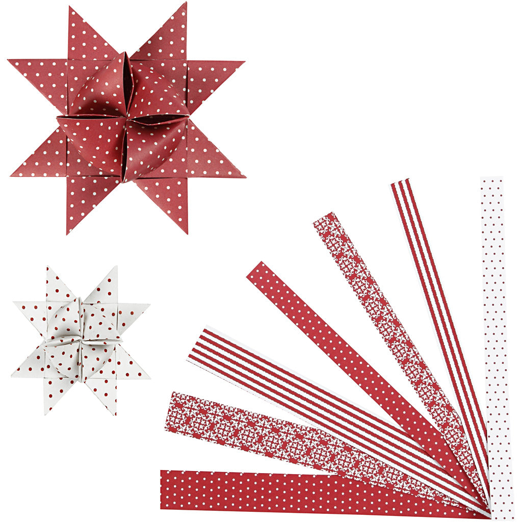 Paper Star Strips, L: 44+78 cm, dia. 6,5+11,5 cm, W: 15+25 mm, red, white, 60 strips