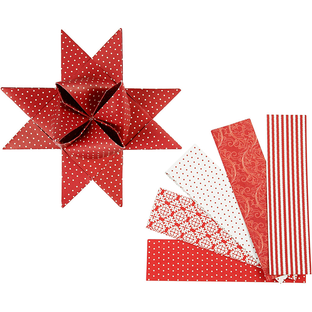 Paper Star Strips, L: 100 cm, W: 40 mm, dia. 18 cm, red, white, 40 strips