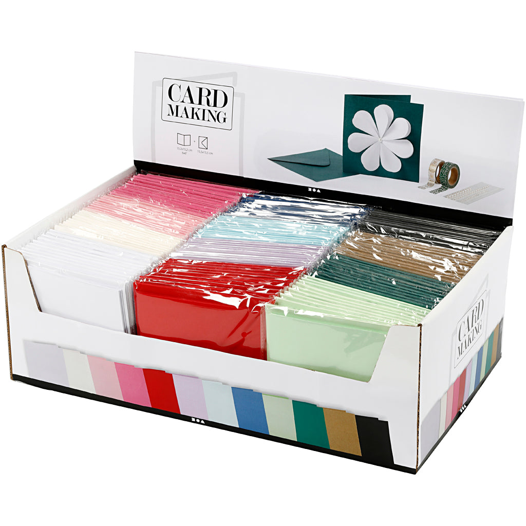 Cards and envelopes, card size 15,2x15,2 cm, envelope size 16x16 cm, 230 g, assorted colours, 12x10 pack