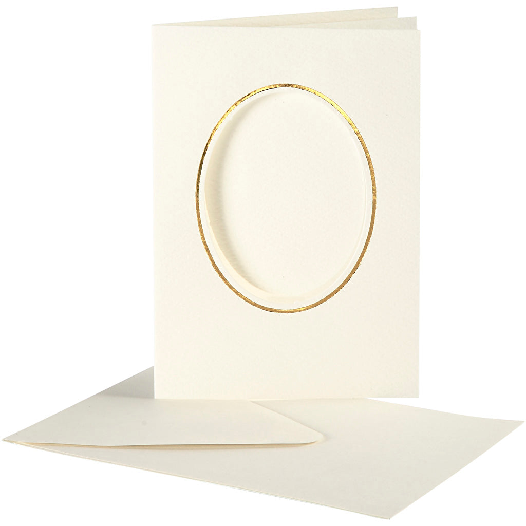 Passepartout Card, oval with gold border, card size 10,5x15 cm, envelope size 11,5x16,5 cm, off-white, 10 set
