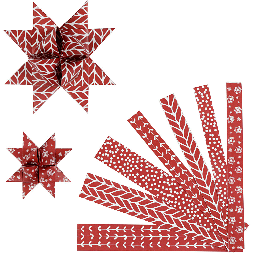 Paper Star Strips, L: 44+78 cm, dia. 6,5+11,5 cm, W: 15+25 mm, red, white, 60 strips