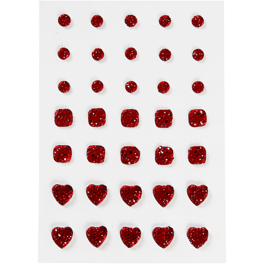 Rhinestones, red, round, square, heart, size 6+8+10 mm, 35 pc