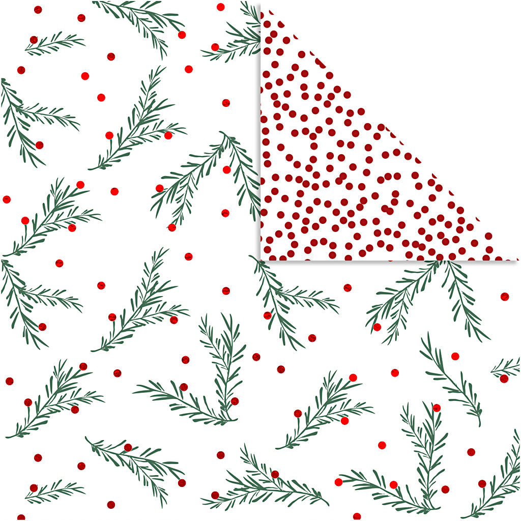 Design Paper, spruce branch and dots, sheet 30,5x30,5 cm, 180 g, gold, green, red, white, 3 sheet