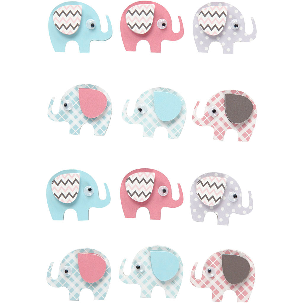 3D Stickers, elephants, H: 25 mm, W: 31 mm, thickness 7 mm, 12 pc