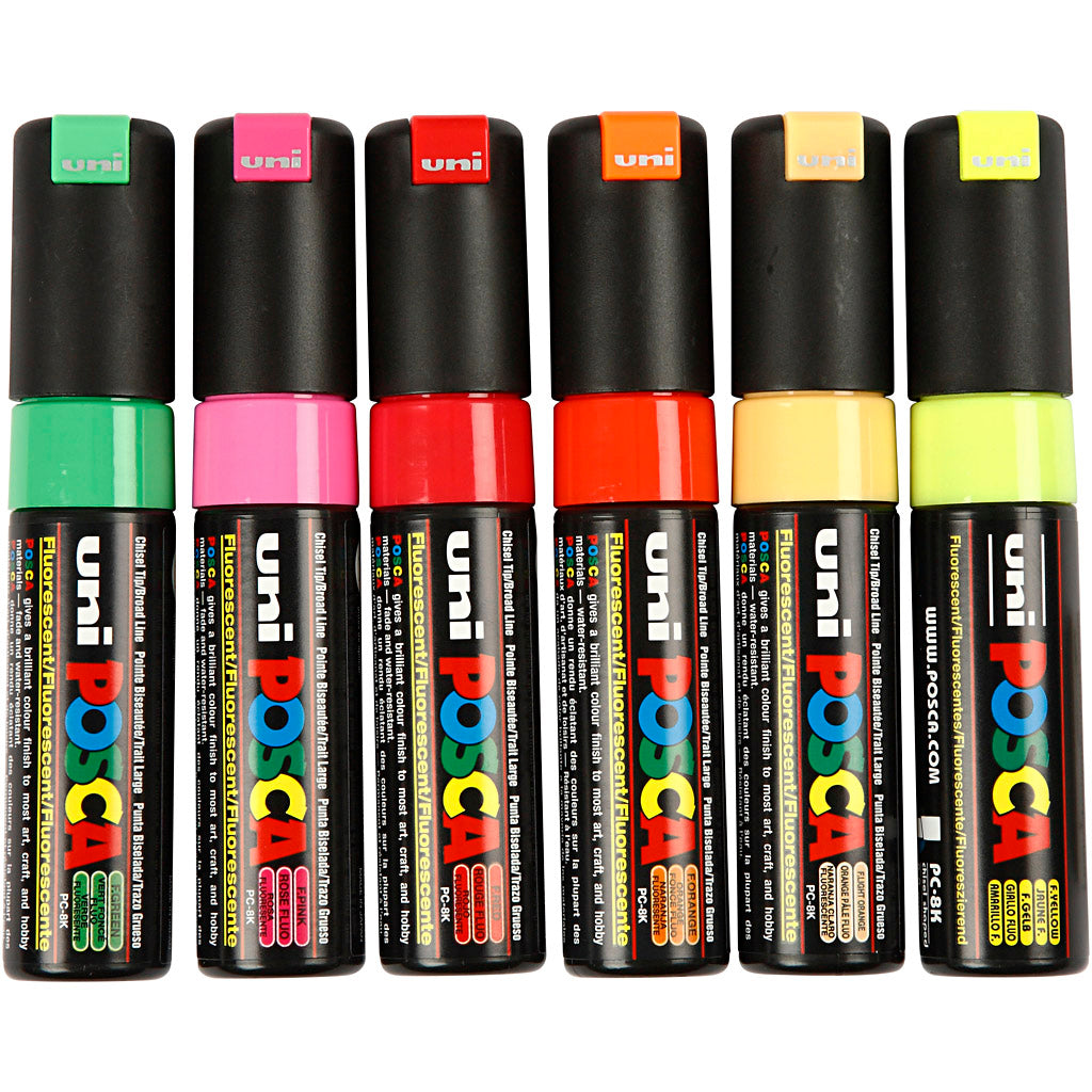 Posca Marker, no. PC-8K, line 8 mm, broad, semi opaque, assorted colours, 6 pc