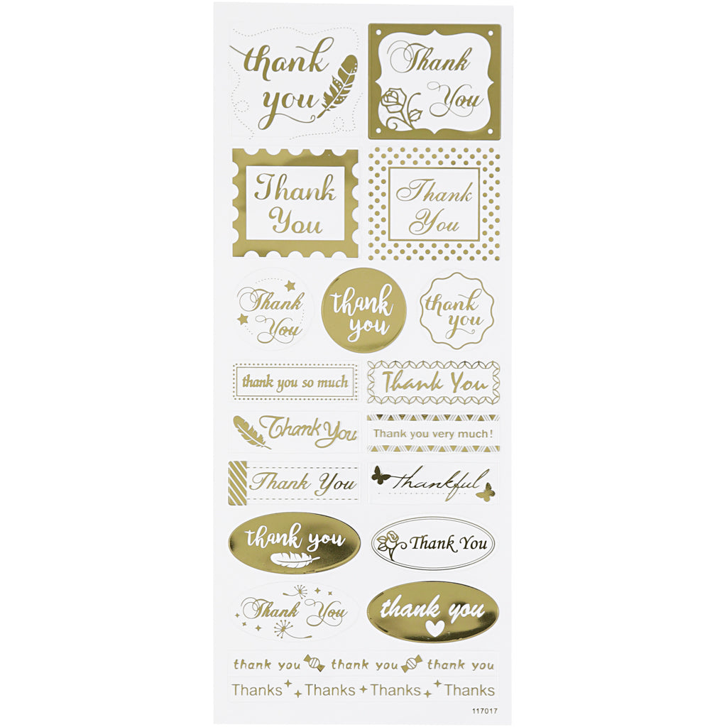 Stickers, thank you, sheet 10x24 cm, ca. 19 pc, gold, 1 sheet