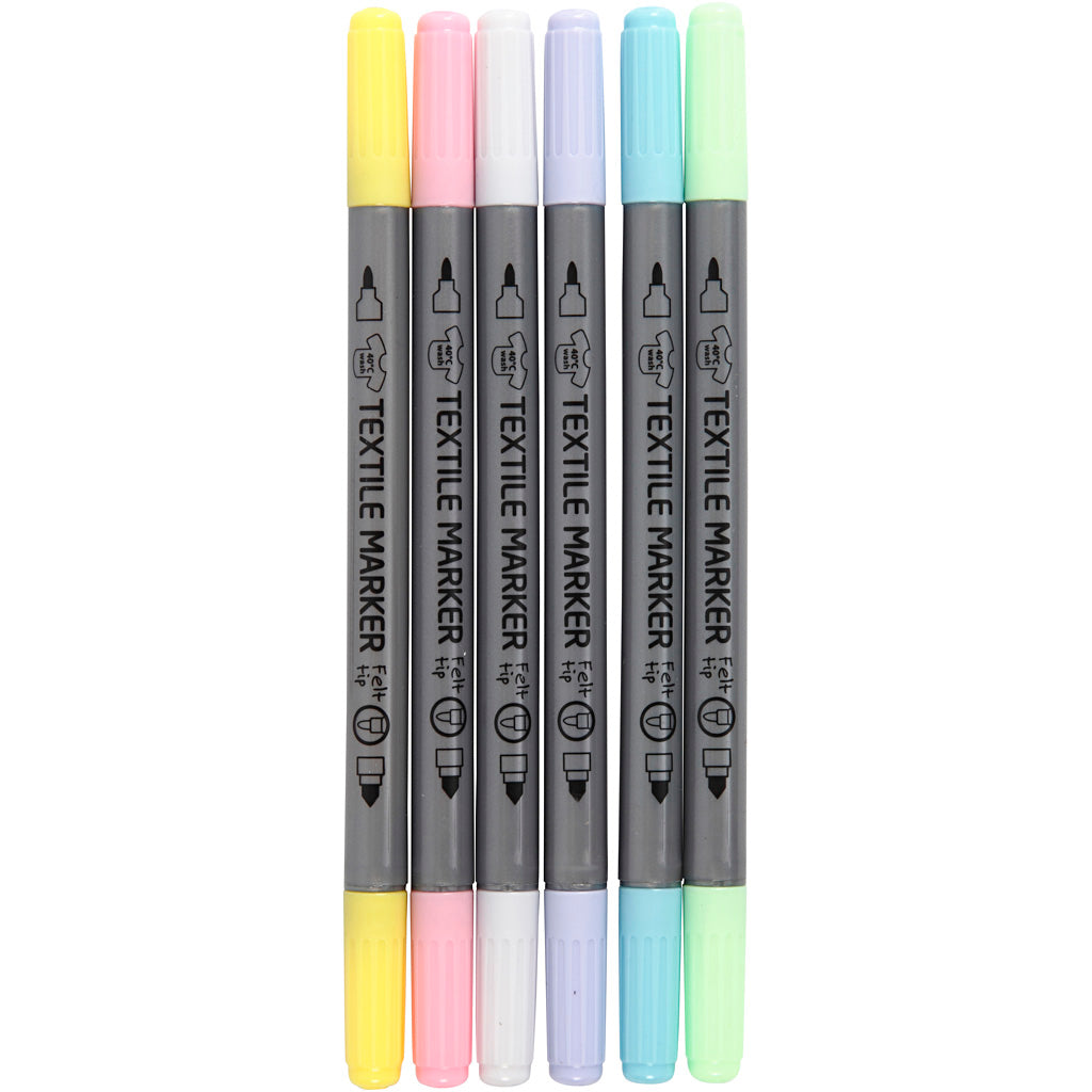Textile markers, line 2,3+3,6 mm, pastel colours, 6 pc