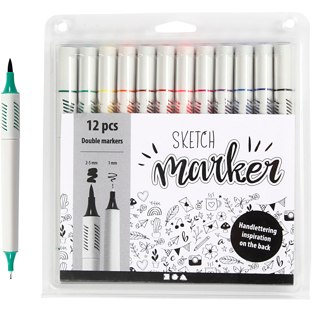 Sketch markers, line 1+2-5 mm, standard colours, 12 pc
