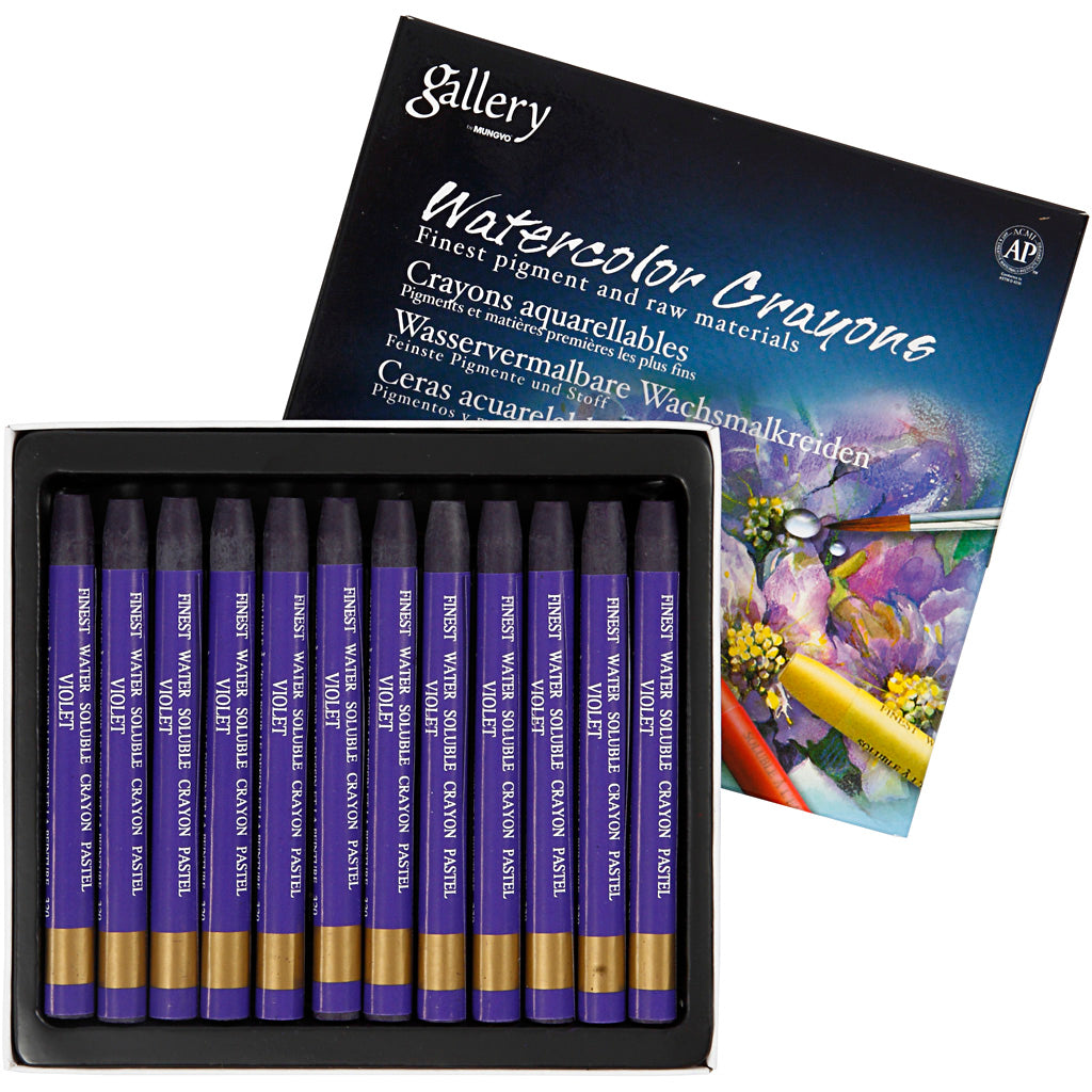 Watercolor Crayons, L: 9,3 cm, thickness 8 mm, violet (320), 12 pc