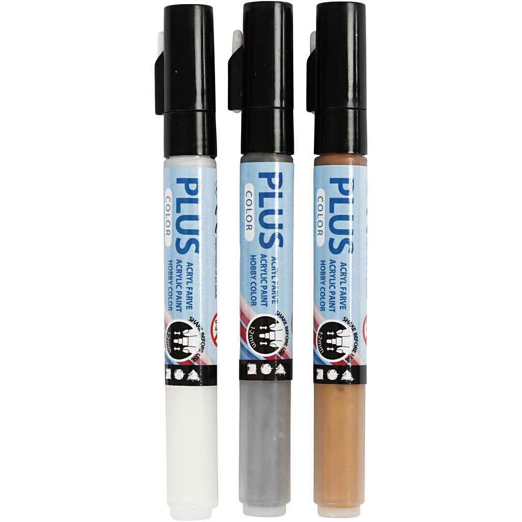 Plus Color Marker, L: 14,5 cm, line 1-2 mm, gold, silver, off-white, 5,5 ml