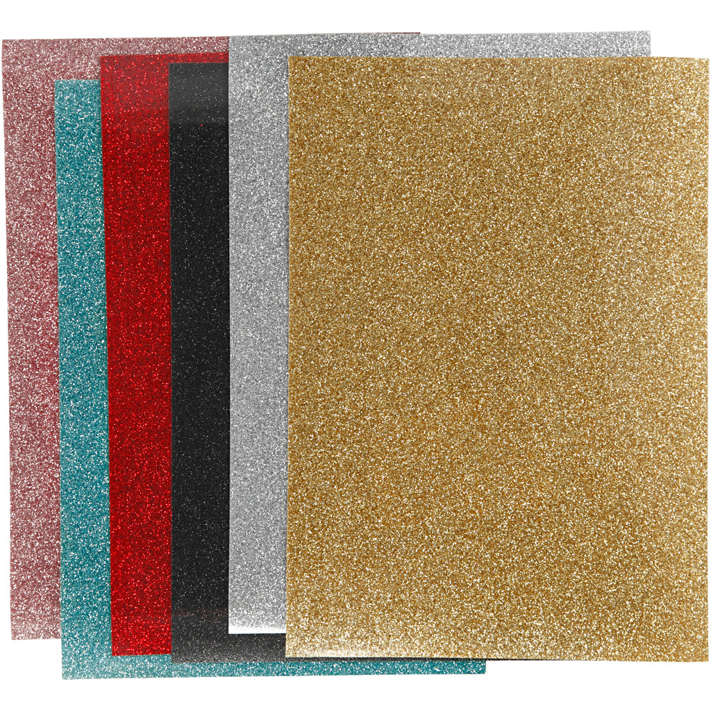 Iron On Foil, sheet 148x210 mm, glitter, assorted colours, 6 sheet
