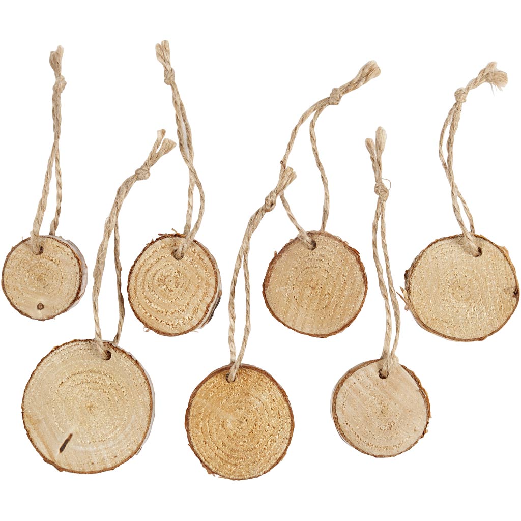 Wooden disc with hole for cord, dia. 35-45 mm, thickness 7 mm, 7 pc