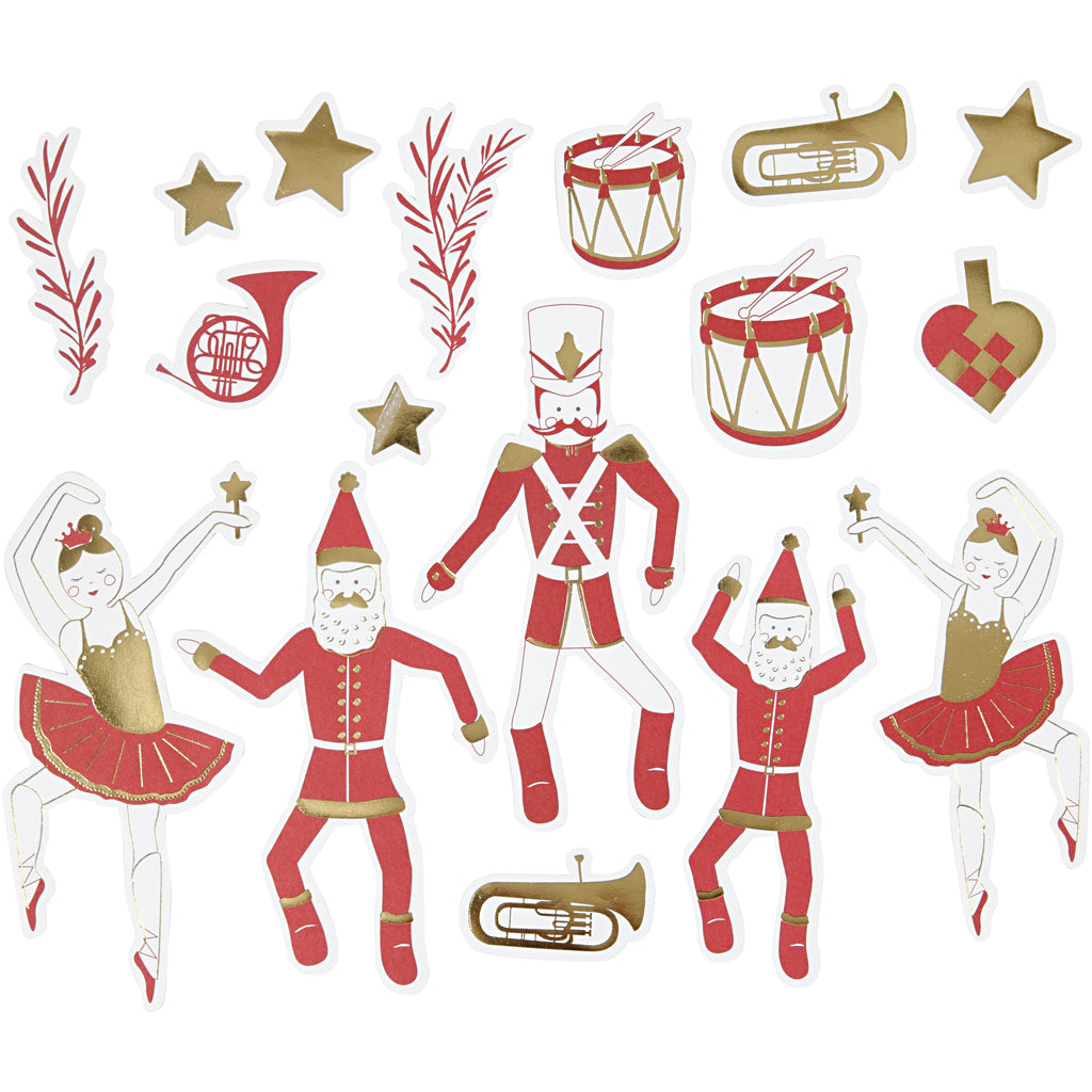 Die cut tags, size 2,2x12,5 cm, gold, red, white, 57 pc