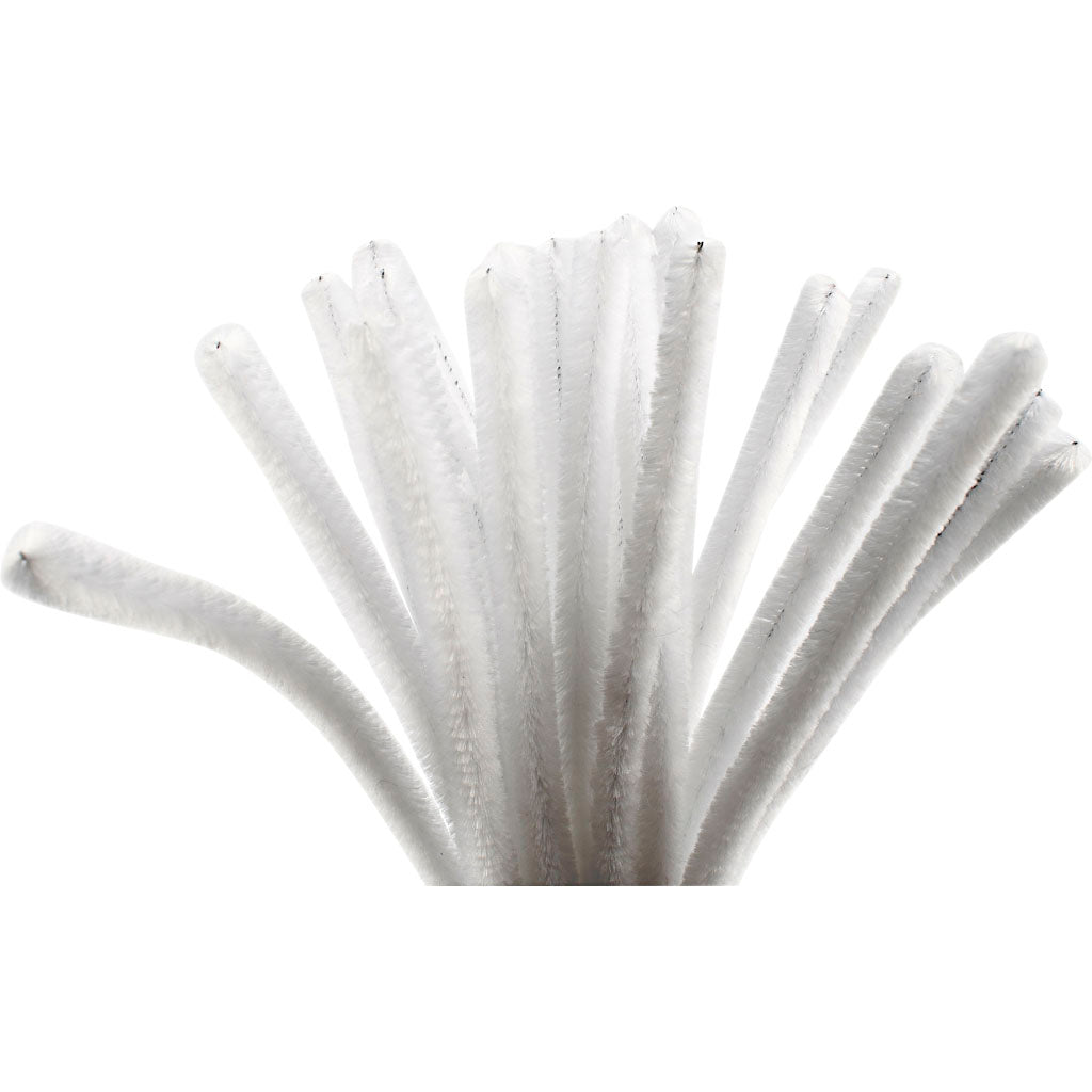 Chenille, L: 30 cm, thickness 9 mm, white, 25 pc