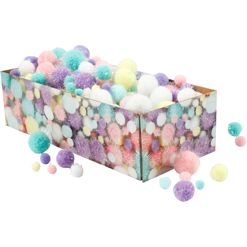 Pompoms, dia. 15-40 mm, glitter, ca. 400 pc, pastel colours, 400 g
