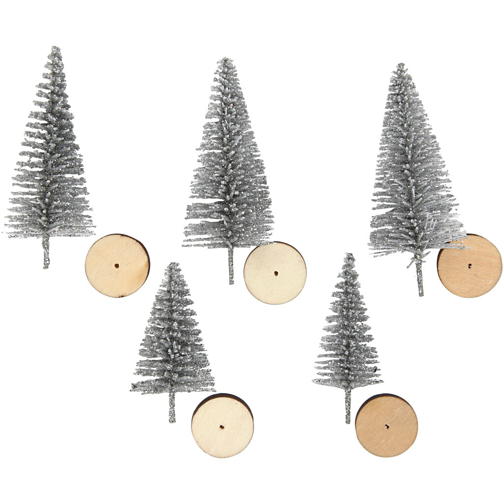 Christmas Spruce Trees, H: 40+60 mm, silver, 5 pc