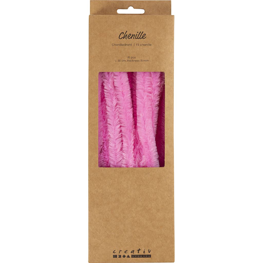 Chenille, L: 30 cm, thickness 15 mm, pink, 15 pc