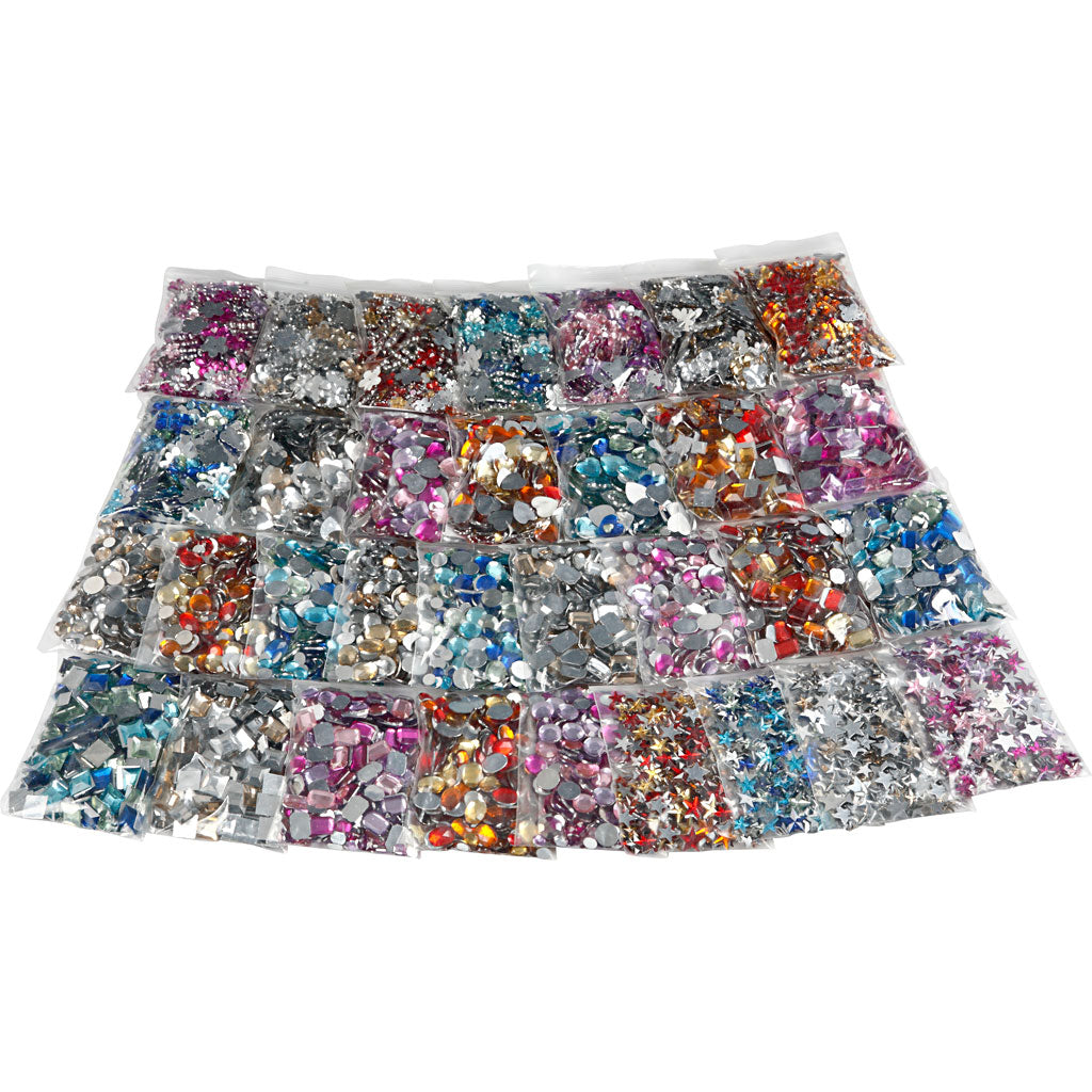 Rhinestones, dia. 6-16 mm, assorted colours, 32 pack