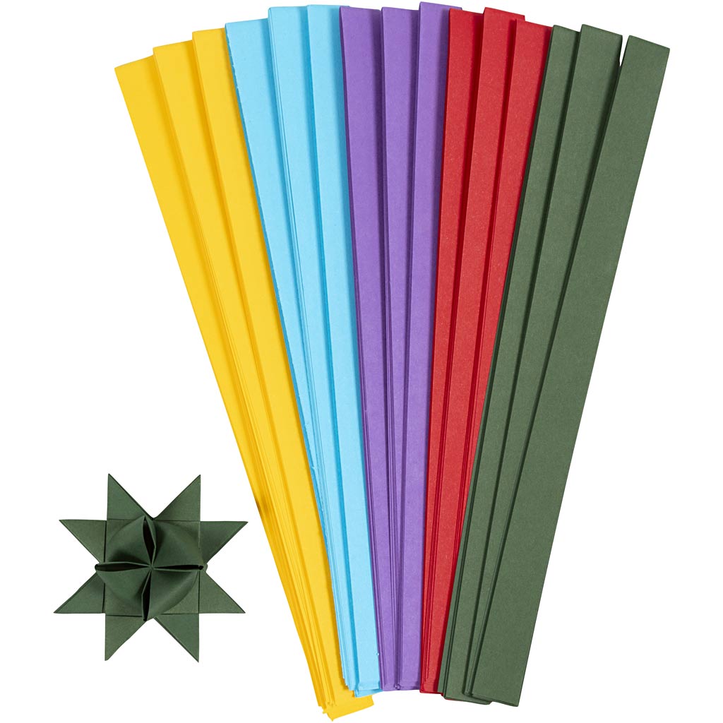 Paper Star Strips, L: 45 cm, dia. 6,5 cm, W: 15 mm, assorted colours, 500 pc