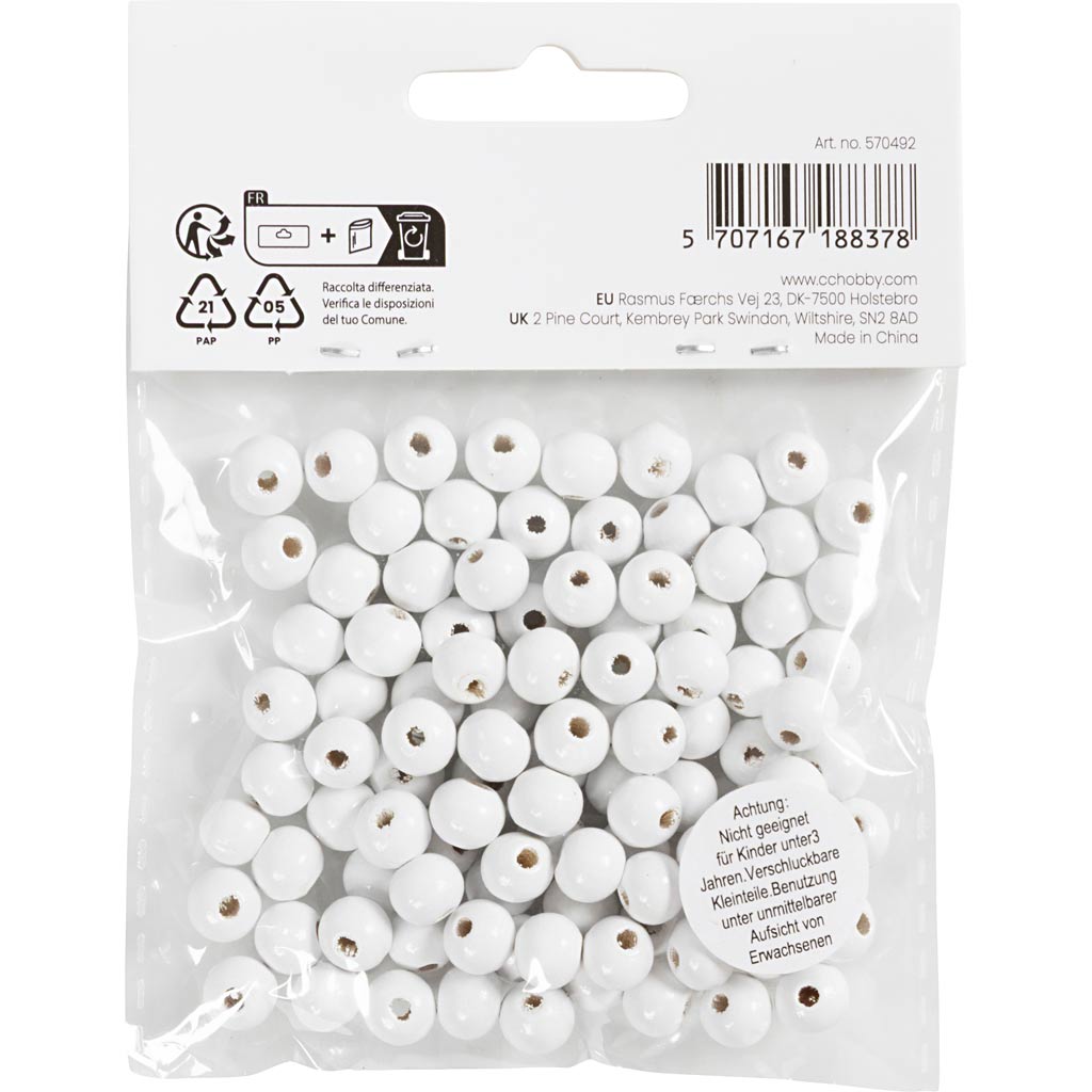 Wooden Beads, dia. 8 mm, hole size 2 mm, ca. 80 pc, white, 15 g