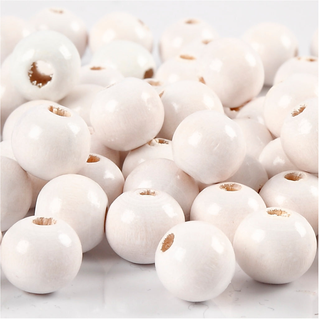 Wooden Beads, dia. 10 mm, hole size 3 mm, white, 20g
