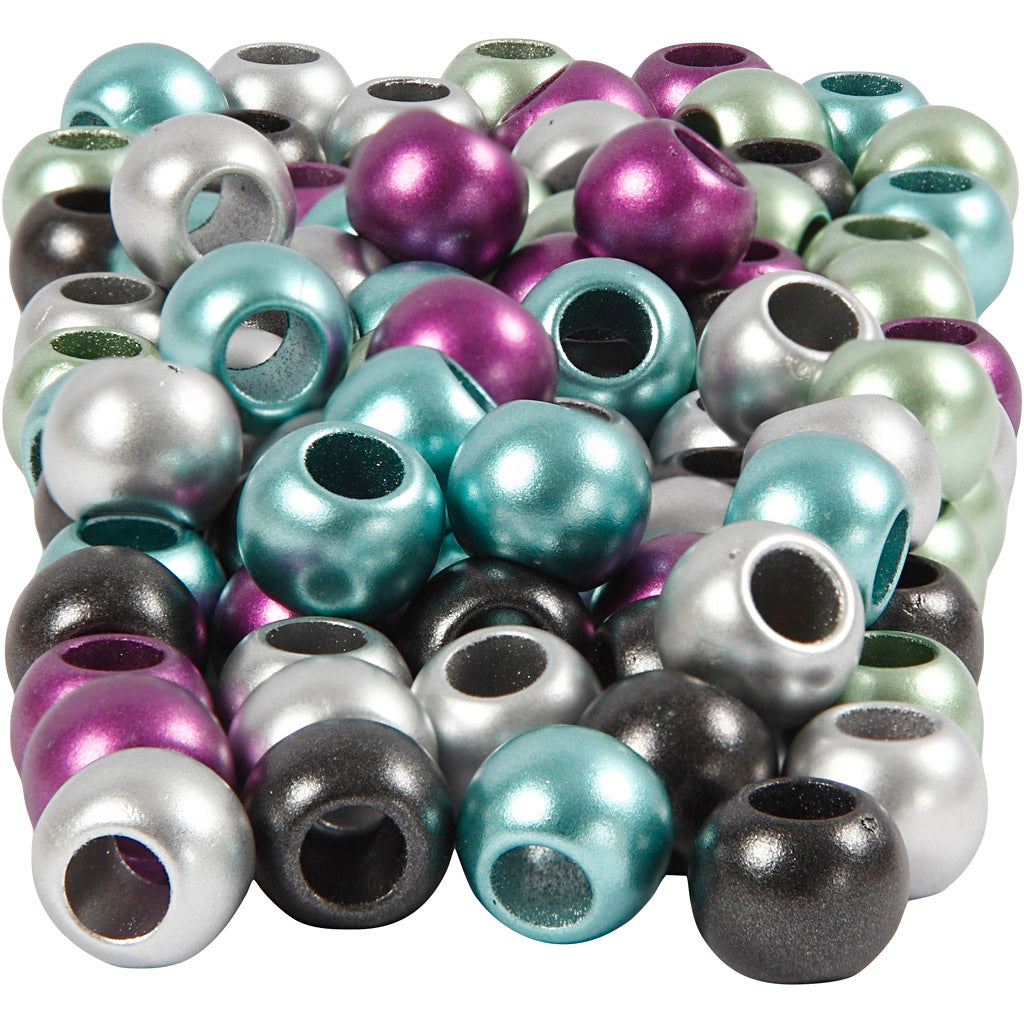 Pony Beads, dia. 10 mm, hole size 4 mm, ca. 145 pc, metallic colours, 60 g, 125 ml