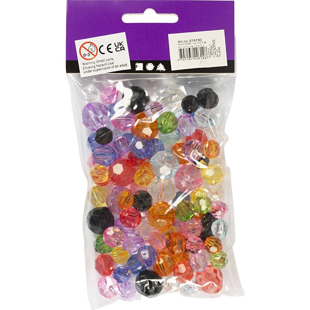 Faceted Beads, size 10-12-16 mm, hole size 1-2,5 mm, assorted colours, 75 g, 100 pc