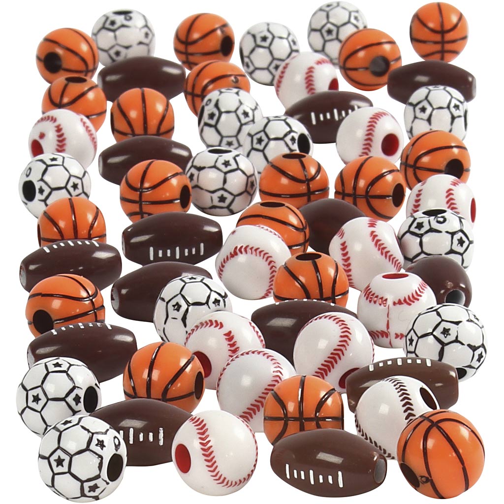 Sports Beads, size 11-15 mm, hole size 3-4 mm, ca. 55 pc, assorted colours, 45 g