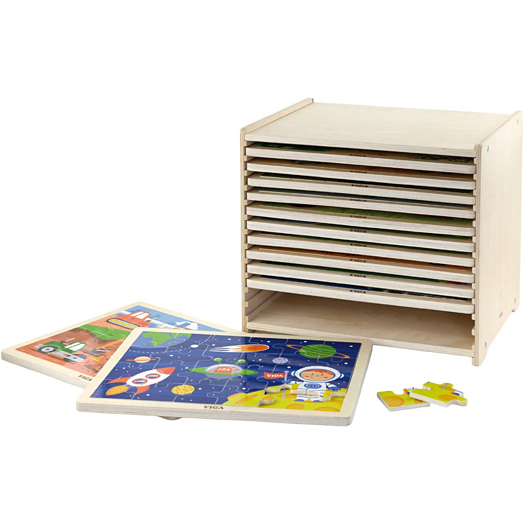 VIGA jigsaw puzzle rack with 12 puzzles, H: 275, L: 315 mm, W: 235 mm, size 31x27x23 cm, 12X24 puzzle pieces, 12 parts/ 1 set