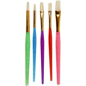 Kids Paint Brushes, no. 8+12+18, L: 14-16 cm, W: 5-10 mm, flat,round, assorted colours, 5 pc/ 1 pack [HOB-10344]