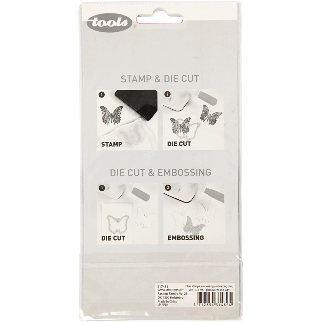 Clear stamps, embossing and cutting dies, words and signs, size 1,5-6 cm, 1 pack [HOB-117481]