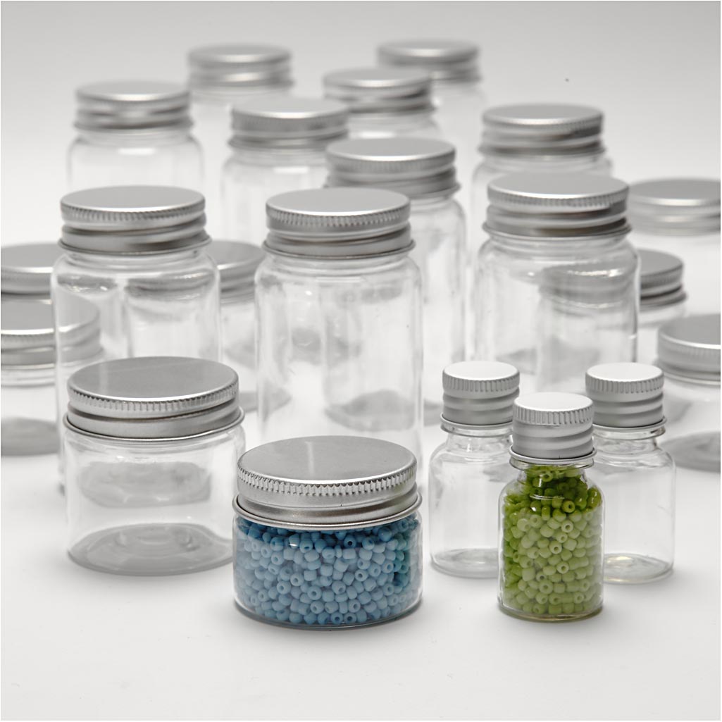 Plastic Jar with Screw-on Lid, H: 35-77 mm, dia. 24-45 mm, 13+35+50+100 ml, 80 pc/ 1 pack [HOB-13175]