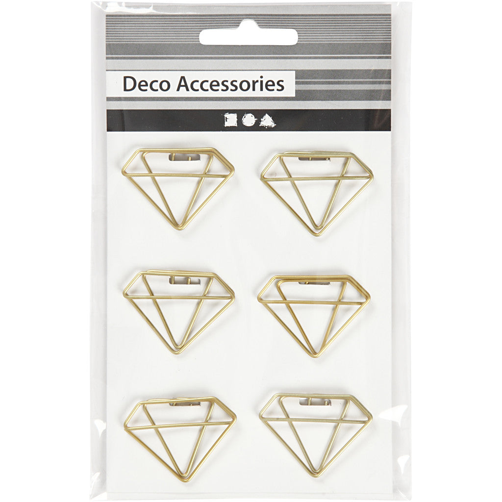 Metal Paperclips, diamond, H: 25 mm, W: 35 mm, gold, 6 pc/ 1 pack [HOB-14215]