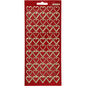 Stickers, hearts, sheet 10x23 cm, gold, red glitter, 1 sheet [HOB-170019]
