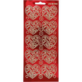 Stickers, hearts, sheet 10x23 cm, gold, transparent red, 1 sheet [HOB-170054]