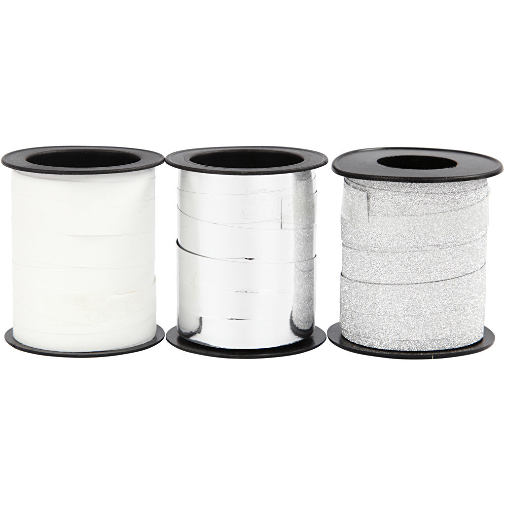 Curling Ribbon, W: 10 mm, silver, glitter silver, white, 3x15 m/ 1 pack [HOB-202412]