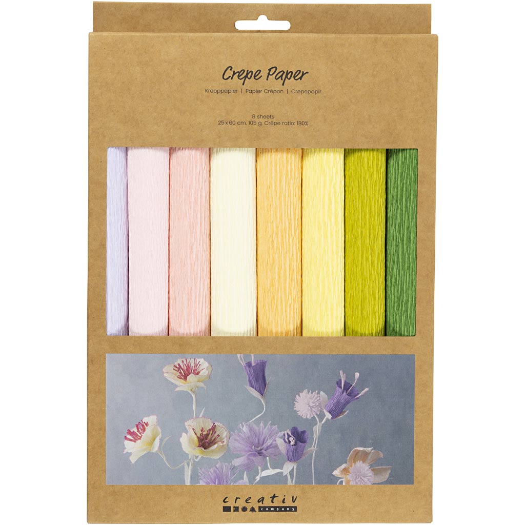 Crepe Paper, sheet 25x60 cm, Crêpe ratio: 180%, 105 g, pastel colours, 8 sheet/ 1 pack [HOB-209001]