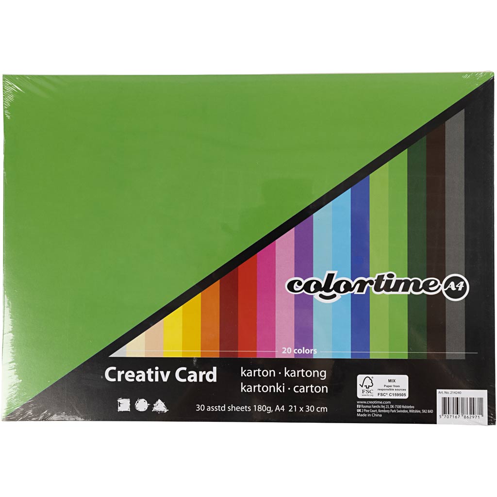 Creative Card, A4, sheet 210x297 mm, 180 g, assorted colours, 30 ass sheets/ 1 pack [HOB-214240]