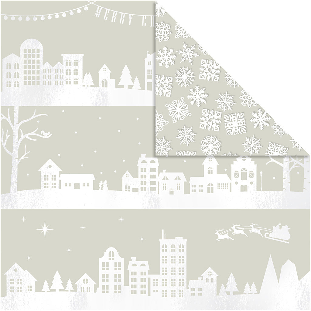 Designpaper, houses and snowflake, sheet 30,5x30,5 cm, 180 g, 3 sheet