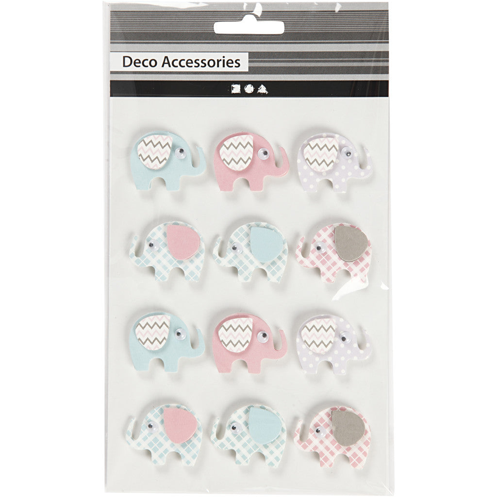 3D Stickers, elephants, H: 25 mm, W: 31 mm, thickness 7 mm, 12 pc/ 1 pack [HOB-27096]