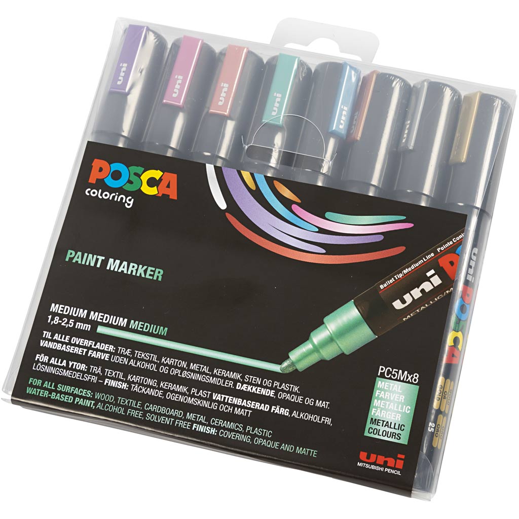 Posca Marker, no. PC-5M, line 2,5 mm, medium, metallic colours, 8 pc/ 1 pack [HOB-276901]