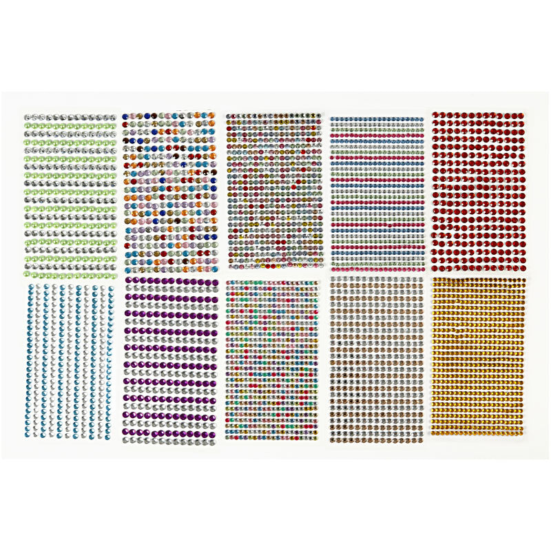 Rhinestones, dia. 4-6 mm, sheet 16x9,5 cm, assorted colours, 10 sheet