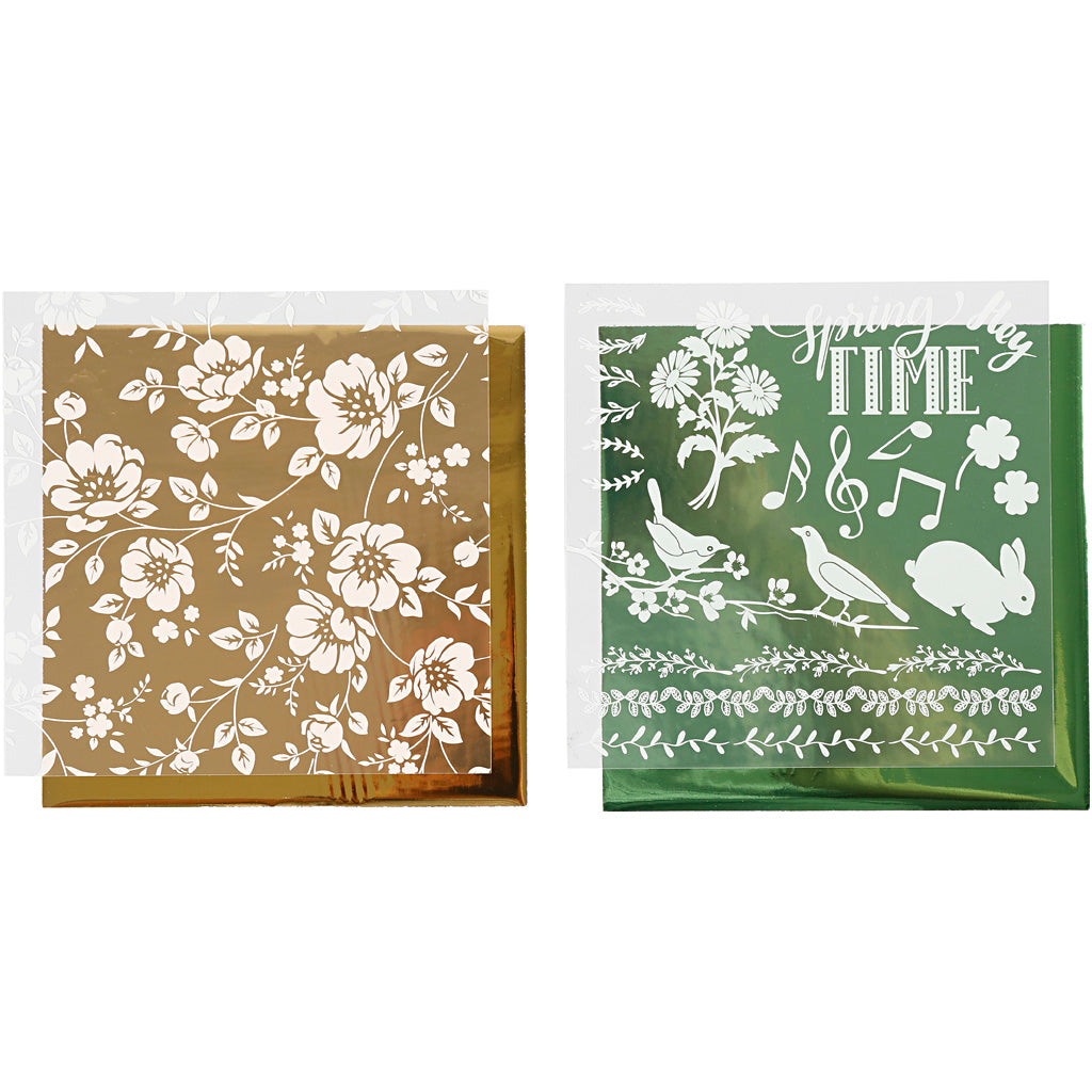 Deco Foil and transfer sheet, flowers, sheet 15x15 cm, gold, green, 2x2 sheet