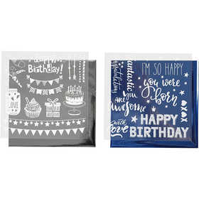 Deco Foil and transfer sheet, birthday, sheet 15x15 cm, dark blue, silver, 2x2 sheet/ 1 pack [HOB-283553]