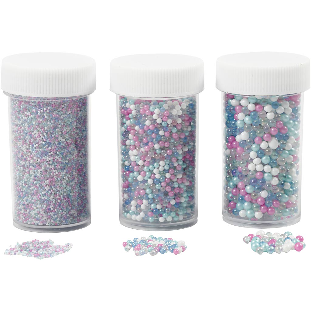 Mini Glass Beads, size 0,6-0,8+1,5-2+3 mm, pastel colours, 3x45 g