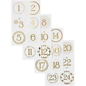 Christmas calendar number stickers, dia. 40 mm, sheet 9x14 cm, gold, white, 4 sheet/ 1 pack [HOB-28457]