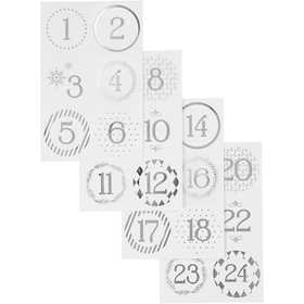 Christmas calendar number stickers, dia. 40 mm, sheet 9x14 cm, silver, white, 4 sheet/ 1 pack [HOB-28458]