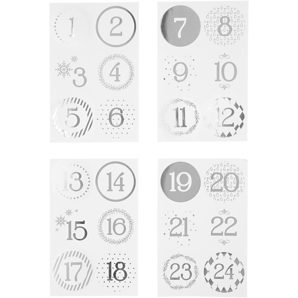 Christmas calendar number stickers, dia. 40 mm, sheet 9x14 cm, silver, white, 4 sheet/ 1 pack [HOB-28458]